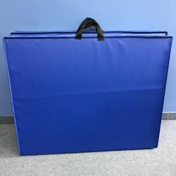 blue aerobic mats with handles folded up and leaning against the wall