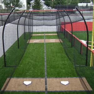 A cantilever batting tunnel installed with two home plates and two pitching rubbers