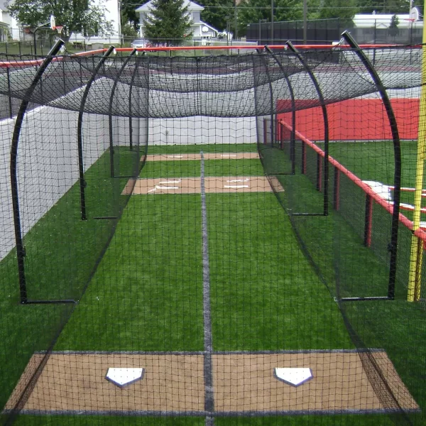 A cantilever batting tunnel installed with two home plates and two pitching rubbers