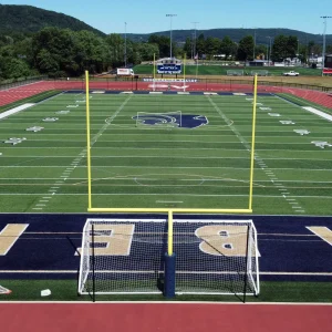 looking onto the Susquehanna Valley High School football field with GoalPak® combination goals installed at both ends of the multi-purpose playing field