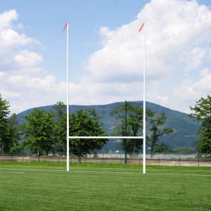 an h-style football goal post installed on a natural grass football field