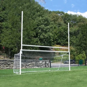 a h-style football soccer combination goal installed at a natural grass playing field