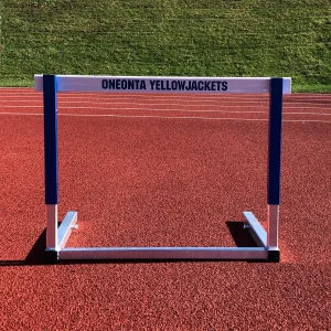 a blue l-shaped hurdle sits on a running track surface at the Oneonta Yellowjackets track & field facility