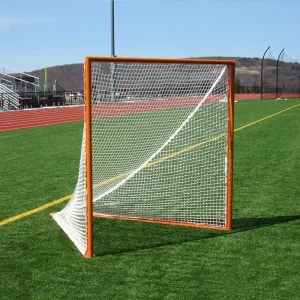 a lacrosse goal sitting on the sidelines of a synthetic turf playing field