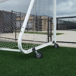 a regulation soccer goal with levered soccer goal wheel kits installed