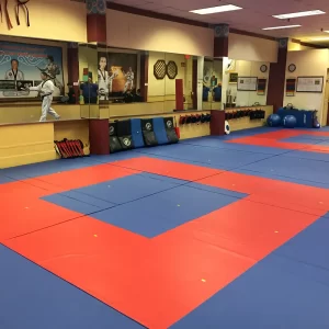 red and blue martial arts mats installed at a martial arts club facility