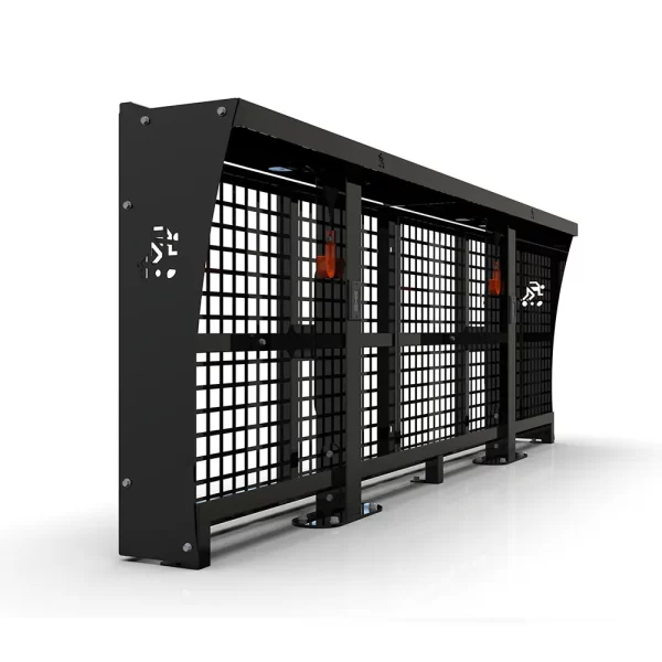 3d rendering of a modular drink rail system angled left to right