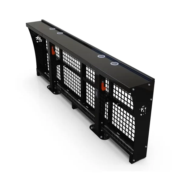 3d rendering of a modular drink rail system from above looking at the back with footrail and coat hoooks
