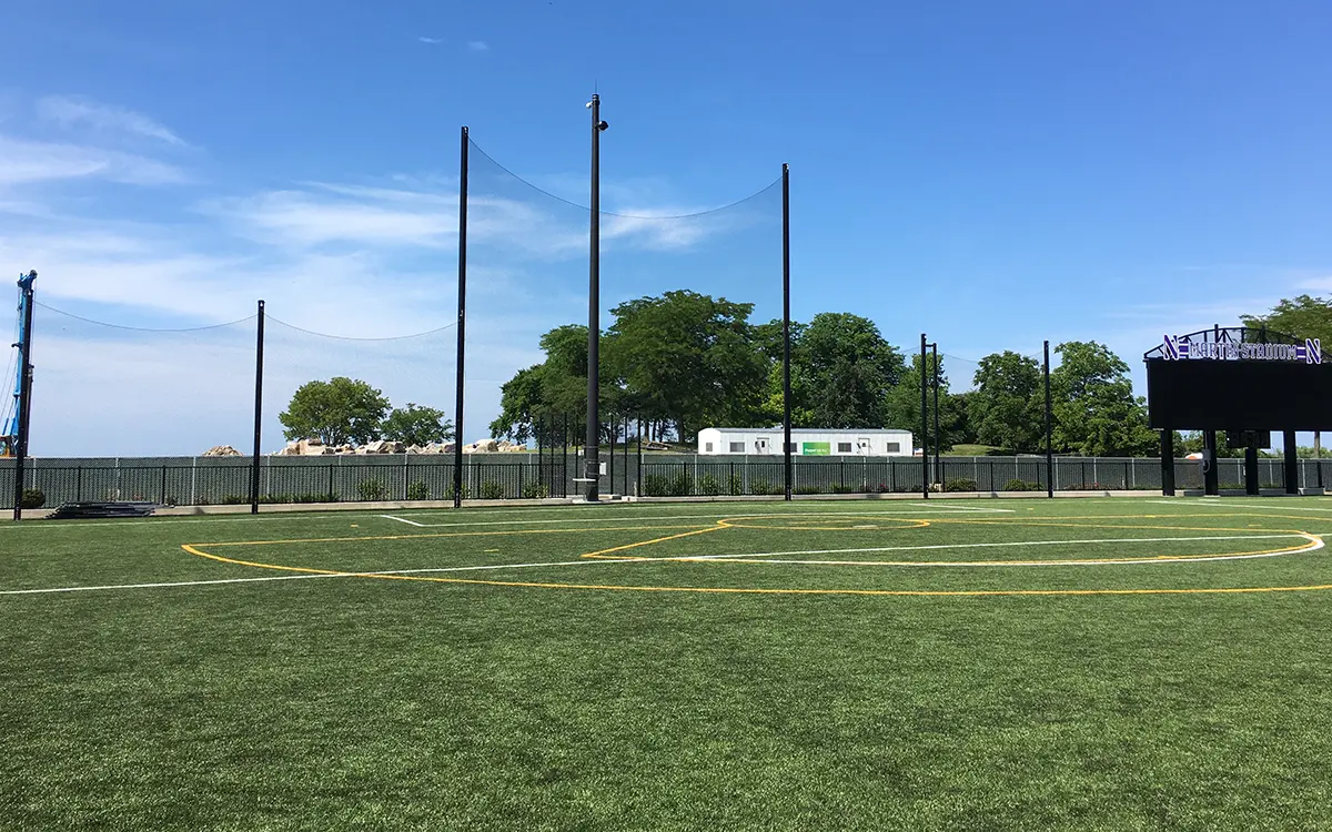 Ball safety netting system installed at a newly expanded and renovated Northwestern University athletic venue
