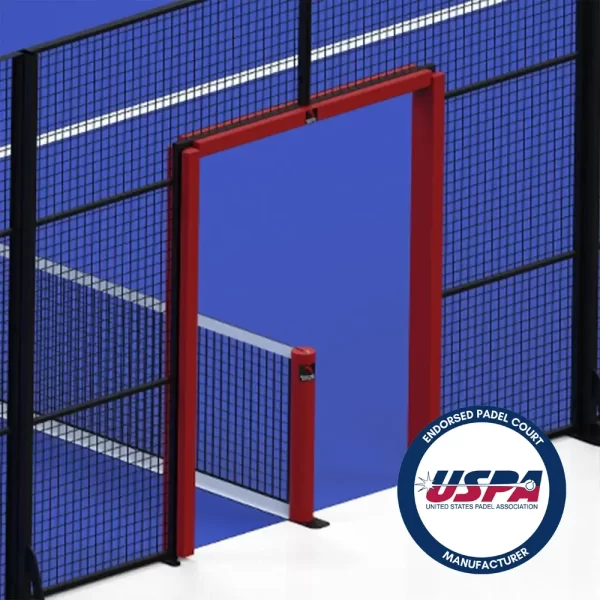 3d rendering of padelhi™ entrance/exit and net post padding with uspa endorsement logo