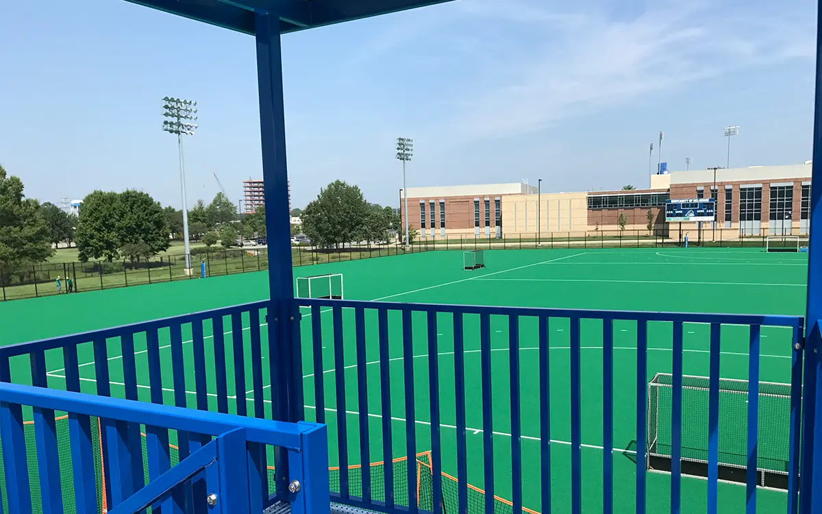 Looking out onto the field hockey field from a permanent filming tower
