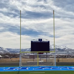 Plate Mount GoalPak® Combination Football / Soccer Goals installed at Skyhawk Stadium in front of a picturesque mountain side