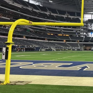 Plate Mount Gooseneck Hinged AdjustRight® Football Goal Post in the upright position and installed at AT&T Stadium, home of the NFL Cowboys