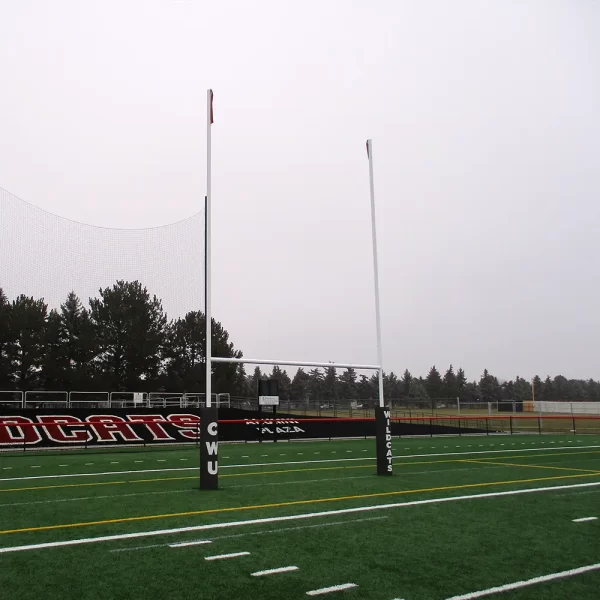 Plate mount rugby goal post and rugby goal post padding installed on the Wildcats Field