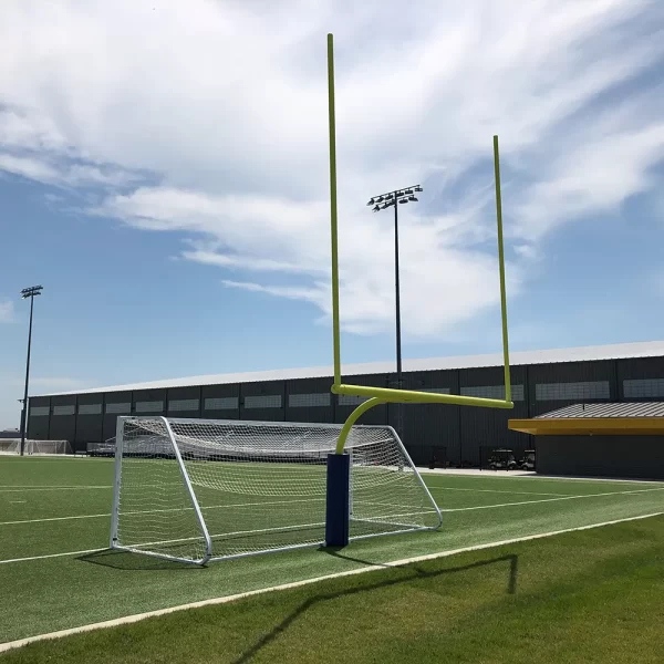 Rotating Gooseneck Hinged GoalPak® Combination Football / Soccer Goals rotated backwards while the soccer game is in play