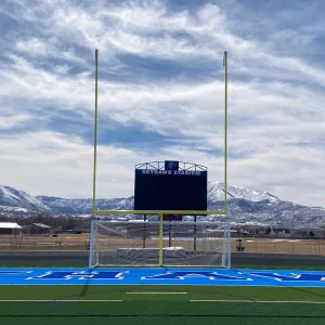 a rotating gooseneck hinged football soccer combination goal installed at Skyhawk Stadium