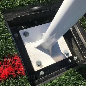 looking down into a rugby goal access frame kit with a plate mount rugby goal post installed