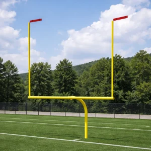 a six-man football goal post installed at the end of a synthetic turf football field