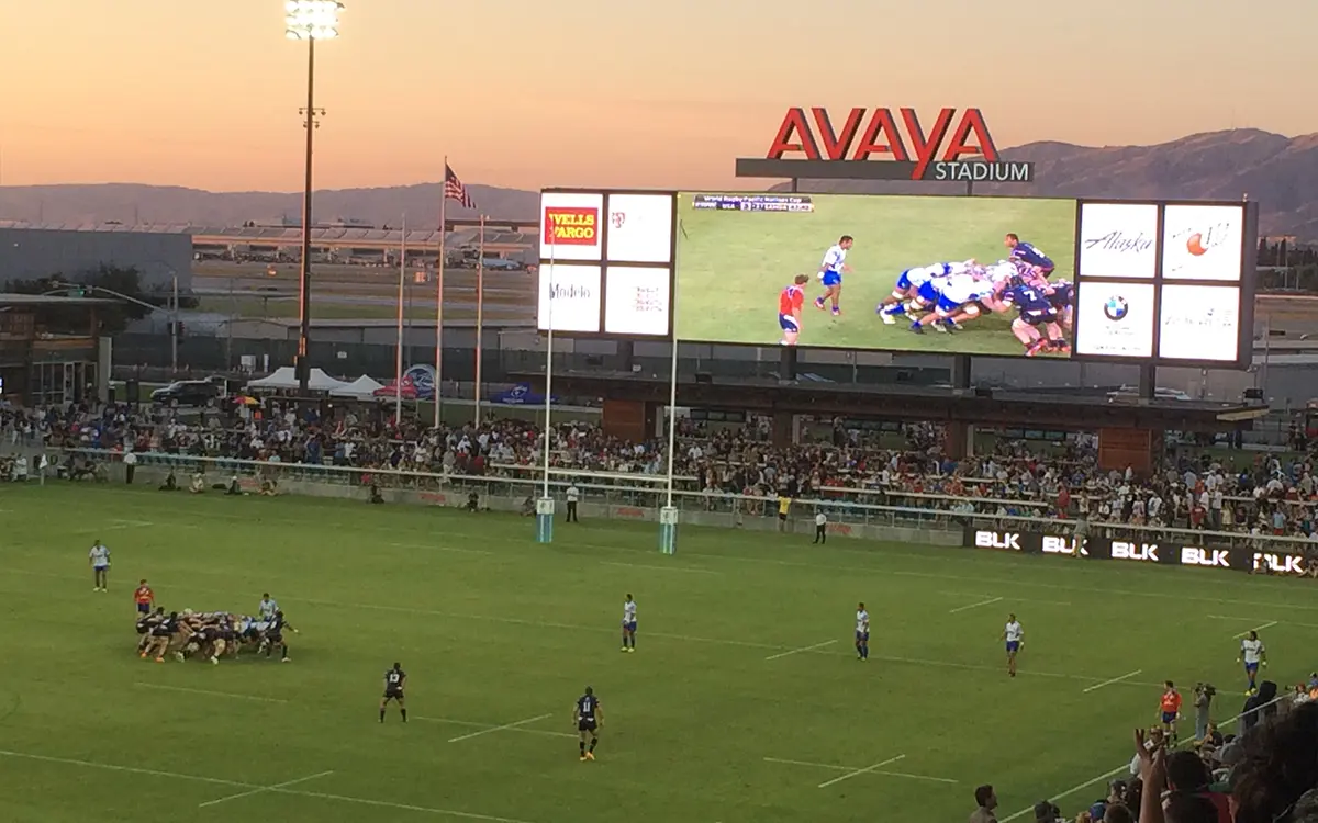 Looking down on a rugby game in progress at Avaya Stadium. Rugby goal posts by sportsfield specialties installed on field.
