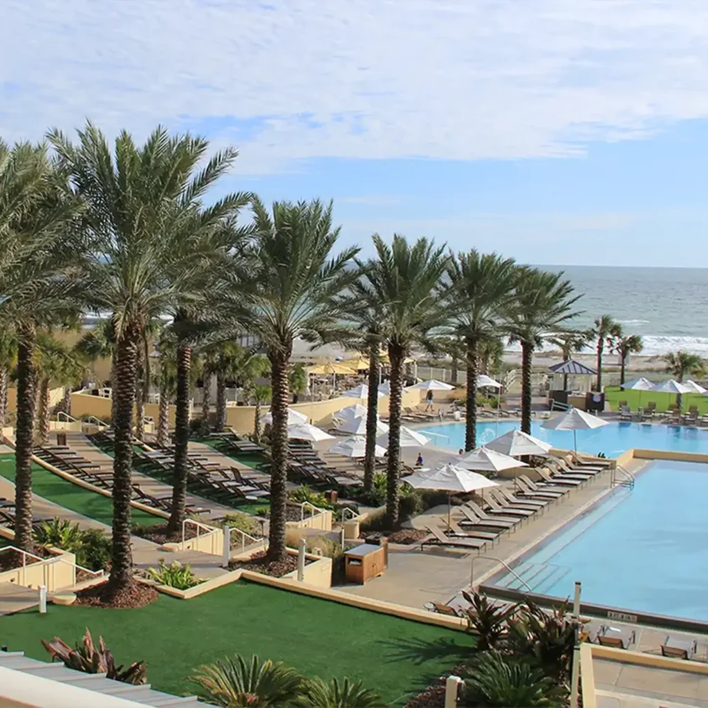 looking down into the pool area of a hotel at Amelia Island