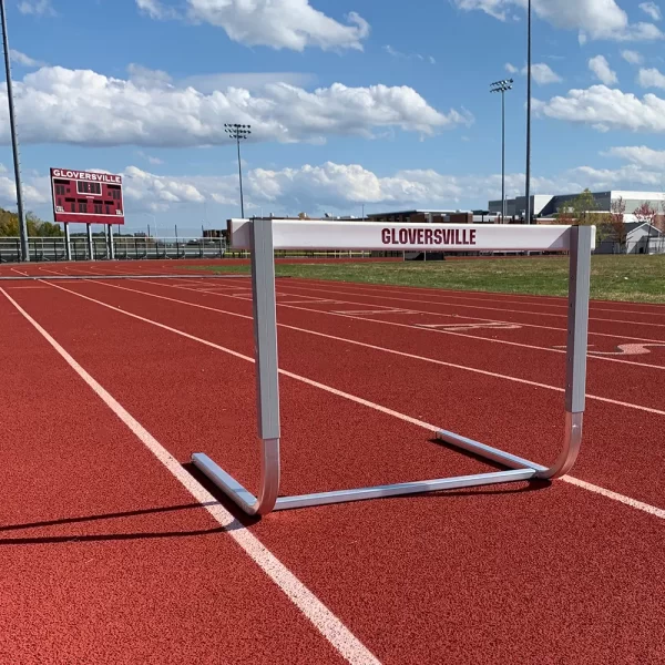 a track & field hurdle in place at Gloversville HS ready for a sprinting event