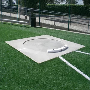 a Throw & Conversion Ring installed in a concrete throwing surface along with a fixed shot put toe board