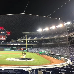 tie back tension netting installed at the Nationals stadium protecting fans from foul pals and other projectiles during the game