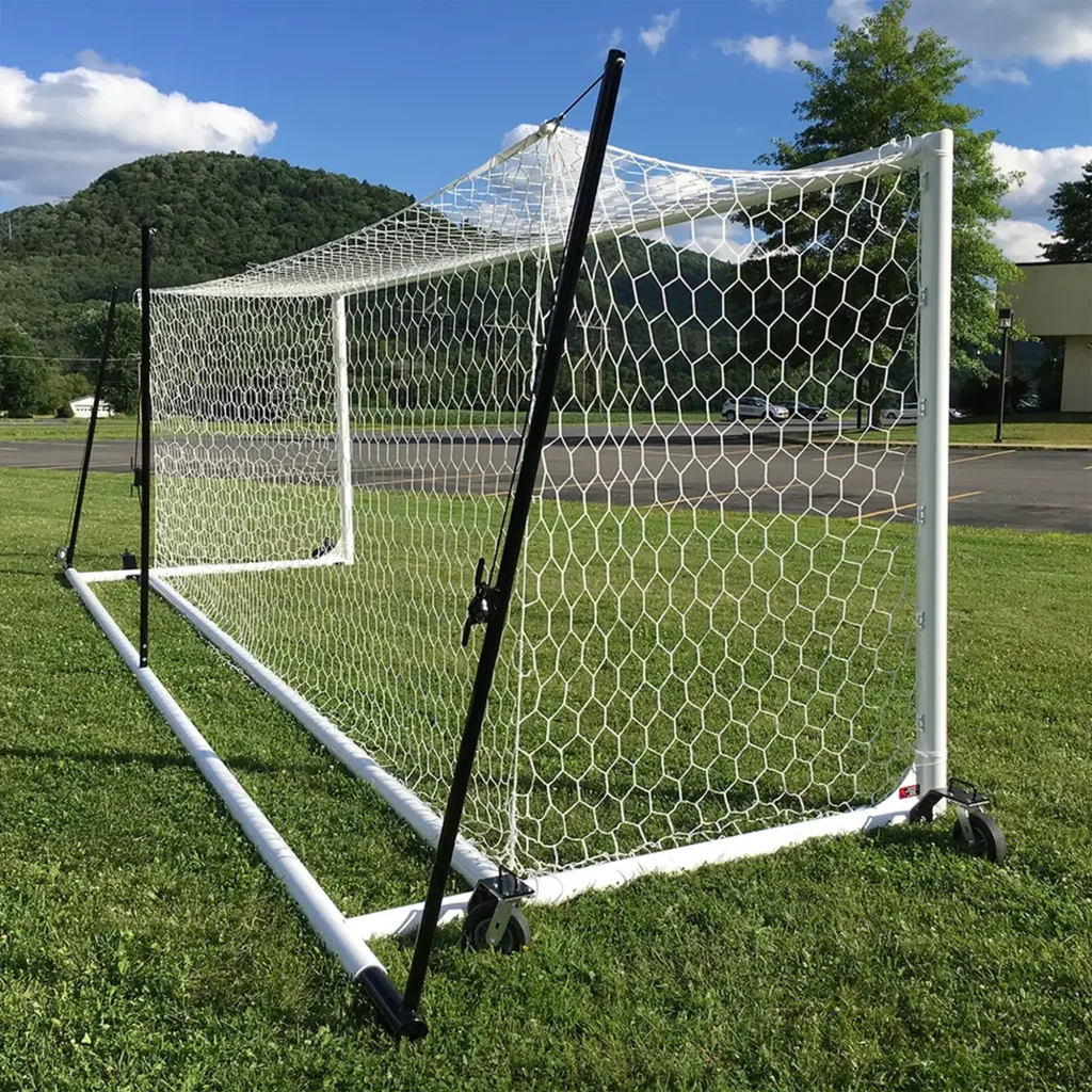 an international goal post with an external wheel kit installed ready to be moved